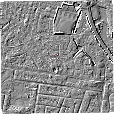 Shaded relief map of the ground around FY53TN, computed from Environment Agency LiDAR. The ground here sits at about 4 m above sea level and falls 5 m across the surrounding 800 m. Surface water reaching this point runs off ground lying to the north-north-west, 0.5 m higher.