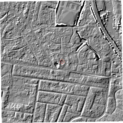 Shaded relief map of the ground around FY53TP, computed from Environment Agency LiDAR. The ground here sits at about 4 m above sea level and falls 5 m across the surrounding 800 m. Surface water reaching this point runs off ground lying to the south-west, 0.8 m higher.