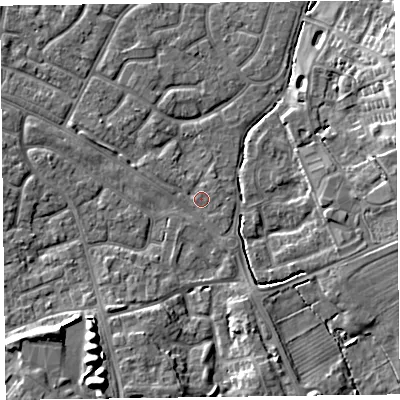 Shaded relief map of the ground around FY53TQ, computed from Environment Agency LiDAR. The ground here sits at about 4 m above sea level and falls 8 m across the surrounding 800 m. Surface water reaching this point runs off ground lying to the south-south-west, 4.8 m higher.