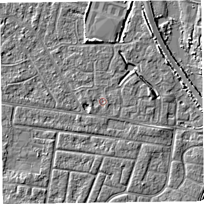 Shaded relief map of the ground around FY53TR, computed from Environment Agency LiDAR. The ground here sits at about 4 m above sea level and falls 5 m across the surrounding 800 m. Surface water reaching this point runs off ground lying to the west-south-west, 0.8 m higher.