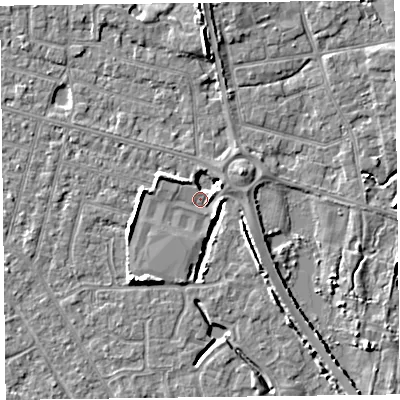 Shaded relief map of the ground around FY53TS, computed from Environment Agency LiDAR. The ground here sits at about 5 m above sea level and falls 6 m across the surrounding 800 m. Surface water reaching this point runs off ground lying to the south-east, 1.2 m higher.