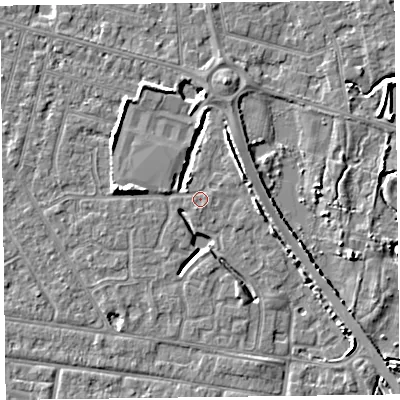 Shaded relief map of the ground around FY53TT, computed from Environment Agency LiDAR. The ground here sits at about 5 m above sea level and falls 5 m across the surrounding 800 m. Surface water reaching this point runs off ground lying to the east-north-east, 2.8 m higher.