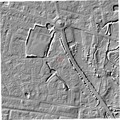 Shaded relief map of the ground around FY53TU, computed from Environment Agency LiDAR. The ground here sits at about 4 m above sea level and falls 5 m across the surrounding 800 m. Surface water reaching this point runs off ground lying to the north-east, 2.7 m higher.