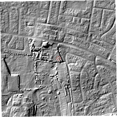 Shaded relief map of the ground around FY53TW, computed from Environment Agency LiDAR. The ground here sits at about 6 m above sea level and falls 6 m across the surrounding 800 m. Surface water reaching this point runs off ground lying to the south-south-east, 2.1 m higher.