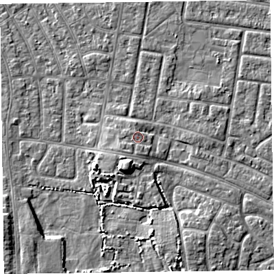 Shaded relief map of the ground around FY53TX, computed from Environment Agency LiDAR. The ground here sits at about 5 m above sea level and falls 6 m across the surrounding 800 m. Surface water reaching this point runs off ground lying to the south-west, 1.5 m higher.