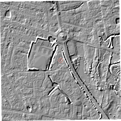 Shaded relief map of the ground around FY53UA, computed from Environment Agency LiDAR. The ground here sits at about 4 m above sea level and falls 5 m across the surrounding 800 m. Surface water reaching this point runs off ground lying to the east, 2.3 m higher.