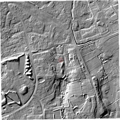 Shaded relief map of the ground around FY53UB, computed from Environment Agency LiDAR. The ground here sits at about 5 m above sea level and falls 8 m across the surrounding 800 m. Surface water reaching this point runs off ground lying to the south-east, 6.4 m higher.