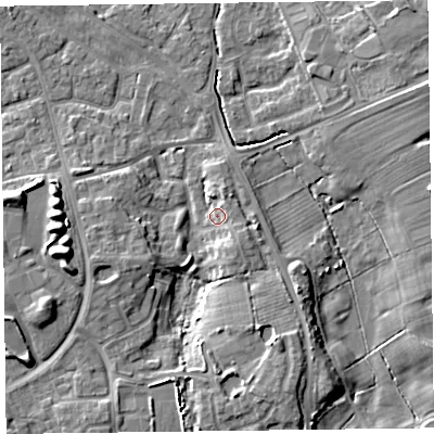 Shaded relief map of the ground around FY53UD, computed from Environment Agency LiDAR. The ground here sits at about 6 m above sea level and falls 9 m across the surrounding 800 m. Surface water reaching this point runs off ground lying to the north-north-east, 2.5 m higher.