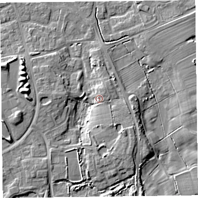 Shaded relief map of the ground around FY53UE, computed from Environment Agency LiDAR. The ground here sits at about 7 m above sea level and falls 8 m across the surrounding 800 m. Surface water reaching this point runs off ground lying to the east-south-east, 2.1 m higher.