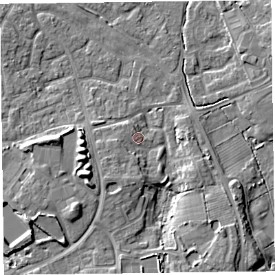 Shaded relief map of the ground around FY53UG, computed from Environment Agency LiDAR. The ground here sits at about 6 m above sea level and falls 8 m across the surrounding 800 m. Surface water reaching this point runs off ground lying to the west-south-west, 1.5 m higher.