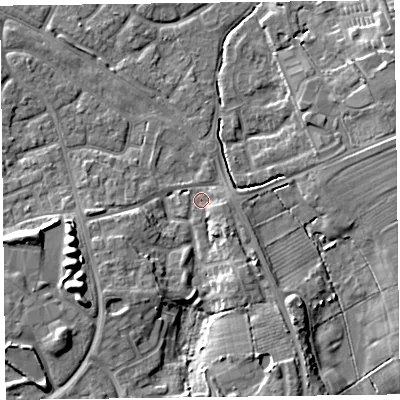 Shaded relief map of the ground around FY53UH, computed from Environment Agency LiDAR. The ground here sits at about 4 m above sea level and falls 9 m across the surrounding 800 m. Surface water reaching this point runs off ground lying to the east-south-east, 1.7 m higher.