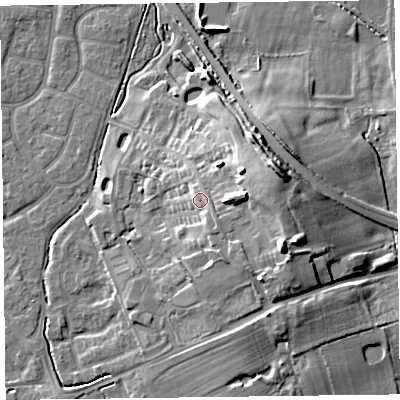 Shaded relief map of the ground around FY53UJ, computed from Environment Agency LiDAR. The ground here sits at about 11 m above sea level and falls 15 m across the surrounding 800 m. Surface water reaching this point runs off ground lying to the east-south-east, 6.9 m higher.
