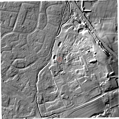 Shaded relief map of the ground around FY53UL, computed from Environment Agency LiDAR. The ground here sits at about 6 m above sea level and falls 15 m across the surrounding 800 m. Surface water reaching this point runs off ground lying to the east-south-east, 8.0 m higher.