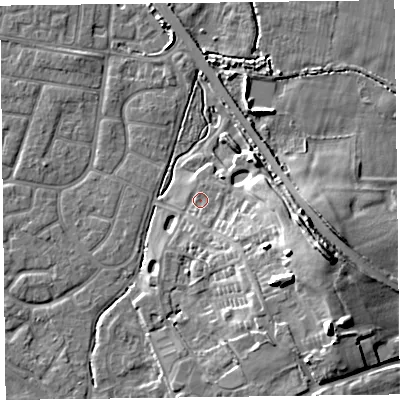 Shaded relief map of the ground around FY53UN, computed from Environment Agency LiDAR. The ground here sits at about 6 m above sea level and falls 15 m across the surrounding 800 m. Surface water reaching this point runs off ground lying to the south-east, 12.4 m higher.