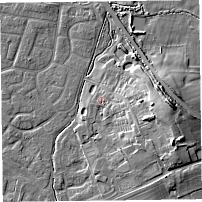 Shaded relief map of the ground around FY53UT, computed from Environment Agency LiDAR. The ground here sits at about 6 m above sea level and falls 15 m across the surrounding 800 m. Surface water reaching this point runs off ground lying to the east-south-east, 4.2 m higher.
