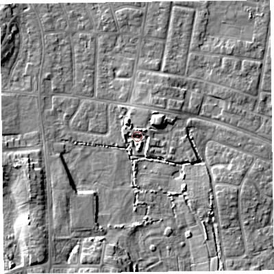 Shaded relief map of the ground around FY53UY, computed from Environment Agency LiDAR. The ground here sits at about 5 m above sea level and falls 6 m across the surrounding 800 m. Surface water reaching this point runs off ground lying to the east-north-east, 4.4 m higher.
