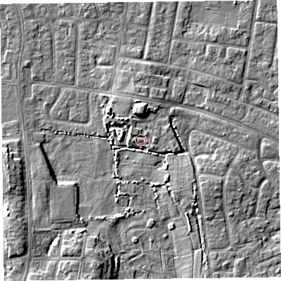 Shaded relief map of the ground around FY53UZ, computed from Environment Agency LiDAR. The ground here sits at about 6 m above sea level and falls 6 m across the surrounding 800 m. Surface water reaching this point runs off ground lying to the north, 4.7 m higher.