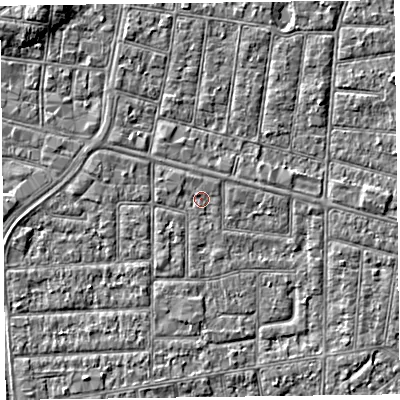 Shaded relief map of the ground around FY53XE, computed from Environment Agency LiDAR. The ground here sits at about 5 m above sea level and falls 4 m across the surrounding 800 m. Surface water reaching this point runs off ground lying to the north-west, 0.7 m higher.