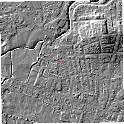 Shaded relief map of the ground around FY54AB, computed from Environment Agency LiDAR. The ground here sits at about 5 m above sea level and falls 9 m across the surrounding 800 m. Surface water reaching this point runs off ground lying to the south-south-east, 1.6 m higher.