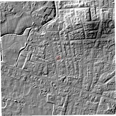 Shaded relief map of the ground around FY54AD, computed from Environment Agency LiDAR. The ground here sits at about 5 m above sea level and falls 9 m across the surrounding 800 m. Surface water reaching this point runs off ground lying to the south, 1.3 m higher.