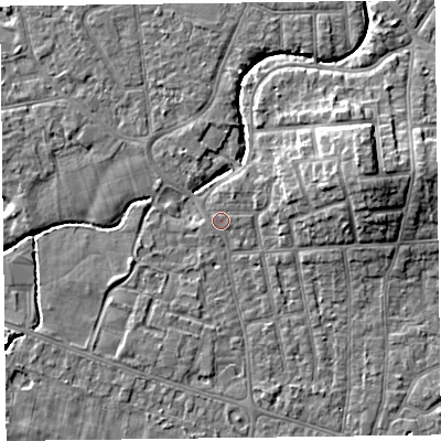 Shaded relief map of the ground around FY54AE, computed from Environment Agency LiDAR. The ground here sits at about 5 m above sea level and falls 9 m across the surrounding 800 m. The ground contributing surface water to this point lies to the east.