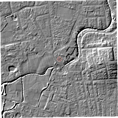 Shaded relief map of the ground around FY54AF, computed from Environment Agency LiDAR. The ground here sits at about 5 m above sea level and falls 9 m across the surrounding 800 m. Surface water reaching this point runs off ground lying to the north-north-east, 1.2 m higher.