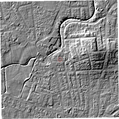 Shaded relief map of the ground around FY54AG, computed from Environment Agency LiDAR. The ground here sits at about 5 m above sea level and falls 9 m across the surrounding 800 m. Surface water reaching this point runs off ground lying to the east-north-east, 0.9 m higher.