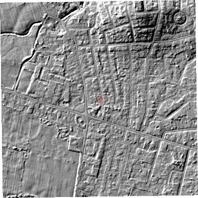 Shaded relief map of the ground around FY54AH, computed from Environment Agency LiDAR. The ground here sits at about 5 m above sea level and falls 9 m across the surrounding 800 m. Surface water reaching this point runs off ground lying to the south-south-west, 1.1 m higher.