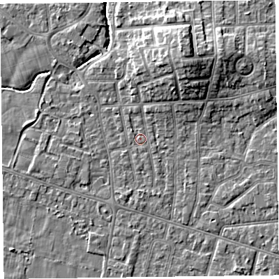 Shaded relief map of the ground around FY54AJ, computed from Environment Agency LiDAR. The ground here sits at about 5 m above sea level and falls 9 m across the surrounding 800 m. Surface water reaching this point runs off ground lying to the north-north-east, 6.9 m higher.