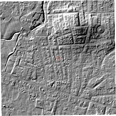 Shaded relief map of the ground around FY54AL, computed from Environment Agency LiDAR. The ground here sits at about 5 m above sea level and falls 9 m across the surrounding 800 m. Surface water reaching this point runs off ground lying to the north-north-east, 6.9 m higher.