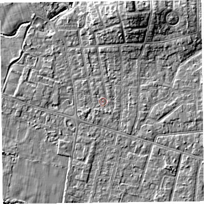 Shaded relief map of the ground around FY54AN, computed from Environment Agency LiDAR. The ground here sits at about 5 m above sea level and falls 9 m across the surrounding 800 m. Surface water reaching this point runs off ground lying to the south-west, 1.1 m higher.