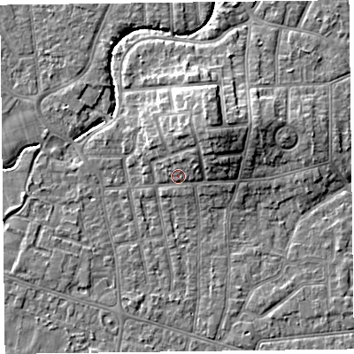 Shaded relief map of the ground around FY54AP, computed from Environment Agency LiDAR. The ground here sits at about 6 m above sea level and falls 9 m across the surrounding 800 m. Surface water reaching this point runs off ground lying to the north-east, 3.2 m higher.