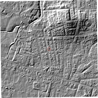 Shaded relief map of the ground around FY54AQ, computed from Environment Agency LiDAR. The ground here sits at about 5 m above sea level and falls 9 m across the surrounding 800 m. Surface water reaching this point runs off ground lying to the north-north-east, 6.9 m higher.