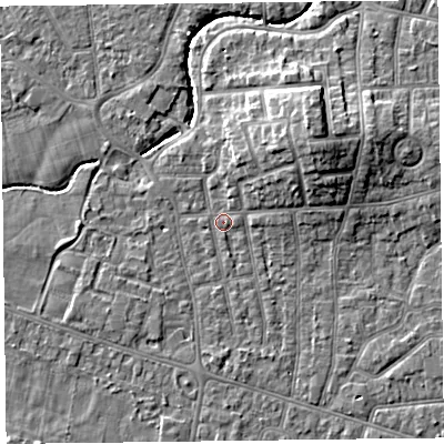 Shaded relief map of the ground around FY54AR, computed from Environment Agency LiDAR. The ground here sits at about 5 m above sea level and falls 9 m across the surrounding 800 m. Surface water reaching this point runs off ground lying to the north-east, 6.9 m higher.