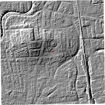 Shaded relief map of the ground around FY54AT, computed from Environment Agency LiDAR. The ground here sits at about 6 m above sea level and falls 9 m across the surrounding 800 m. Surface water reaching this point runs off ground lying to the north-north-west, 3.8 m higher.