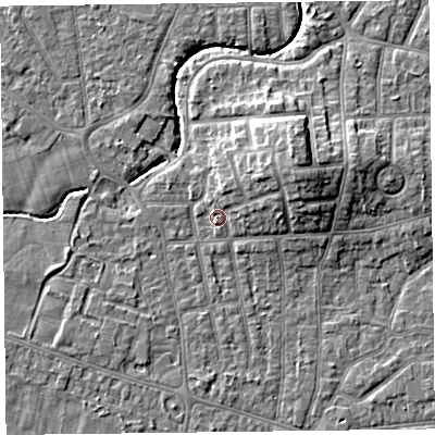 Shaded relief map of the ground around FY54AU, computed from Environment Agency LiDAR. The ground here sits at about 6 m above sea level and falls 9 m across the surrounding 800 m. Surface water reaching this point runs off ground lying to the east-north-east, 5.5 m higher.