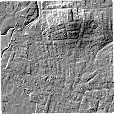 Shaded relief map of the ground around FY54AW, computed from Environment Agency LiDAR. The ground here sits at about 5 m above sea level and falls 9 m across the surrounding 800 m. Surface water reaching this point runs off ground lying to the north-north-east, 6.9 m higher.