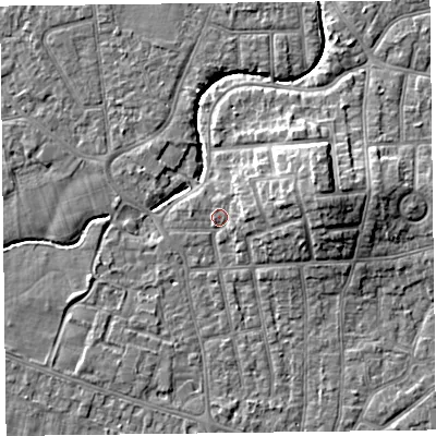 Shaded relief map of the ground around FY54BB, computed from Environment Agency LiDAR. The ground here sits at about 5 m above sea level and falls 9 m across the surrounding 800 m. Surface water reaching this point runs off ground lying to the east-north-east, 2.9 m higher.