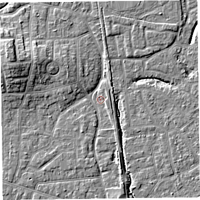 Shaded relief map of the ground around FY54BD, computed from Environment Agency LiDAR. The ground here sits at about 4 m above sea level and falls 9 m across the surrounding 800 m. Surface water reaching this point runs off ground lying to the south-south-east, 3.3 m higher.