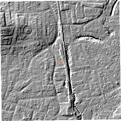 Shaded relief map of the ground around FY54BE, computed from Environment Agency LiDAR. The ground here sits at about 5 m above sea level and falls 9 m across the surrounding 800 m. Surface water reaching this point runs off ground lying to the north-north-east, 1.9 m higher.