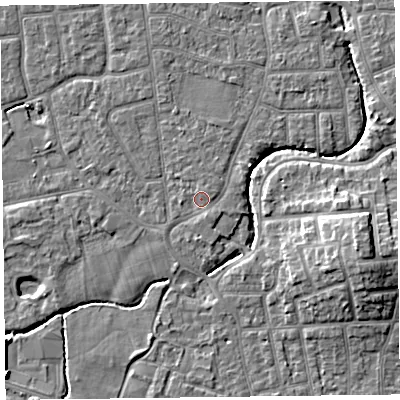 Shaded relief map of the ground around FY54BF, computed from Environment Agency LiDAR. The ground here sits at about 5 m above sea level and falls 9 m across the surrounding 800 m. Surface water reaching this point runs off ground lying to the south-south-east, 0.8 m higher.