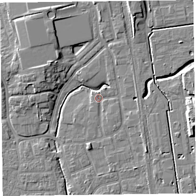 Shaded relief map of the ground around FY54BG, computed from Environment Agency LiDAR. The ground here sits at about 5 m above sea level and falls 9 m across the surrounding 800 m. Surface water reaching this point runs off ground lying to the north-north-east, 6.6 m higher.