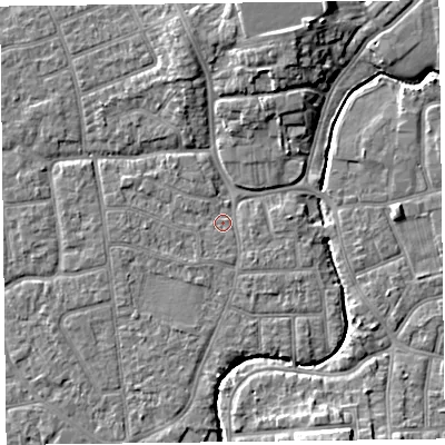 Shaded relief map of the ground around FY54BH, computed from Environment Agency LiDAR. The ground here sits at about 5 m above sea level and falls 8 m across the surrounding 800 m. Surface water reaching this point runs off ground lying to the south-east, 1.1 m higher.
