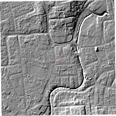 Shaded relief map of the ground around FY54BJ, computed from Environment Agency LiDAR. The ground here sits at about 5 m above sea level and falls 9 m across the surrounding 800 m. Surface water reaching this point runs off ground lying to the south-south-east, 0.8 m higher.