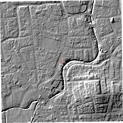 Shaded relief map of the ground around FY54BL, computed from Environment Agency LiDAR. The ground here sits at about 5 m above sea level and falls 9 m across the surrounding 800 m. Surface water reaching this point runs off ground lying to the south-south-west, 1.0 m higher.