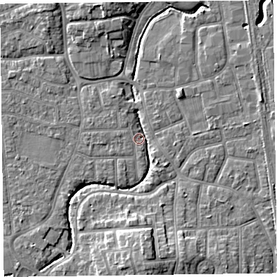 Shaded relief map of the ground around FY54BP, computed from Environment Agency LiDAR. The ground here sits at about 4 m above sea level and falls 9 m across the surrounding 800 m. Surface water reaching this point runs off ground lying to the south, 8.7 m higher.