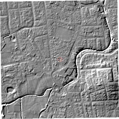 Shaded relief map of the ground around FY54BQ, computed from Environment Agency LiDAR. The ground here sits at about 5 m above sea level and falls 9 m across the surrounding 800 m. The ground contributing surface water to this point lies to the east-north-east.