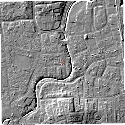 Shaded relief map of the ground around FY54BS, computed from Environment Agency LiDAR. The ground here sits at about 5 m above sea level and falls 9 m across the surrounding 800 m. Surface water reaching this point runs off ground lying to the south-west, 1.0 m higher.