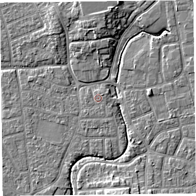 Shaded relief map of the ground around FY54BT, computed from Environment Agency LiDAR. The ground here sits at about 5 m above sea level and falls 8 m across the surrounding 800 m. Surface water reaching this point runs off ground lying to the south-south-west, 0.8 m higher.