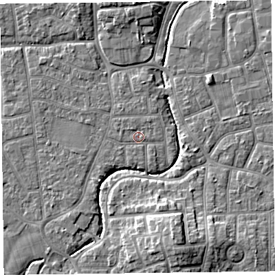 Shaded relief map of the ground around FY54BU, computed from Environment Agency LiDAR. The ground here sits at about 5 m above sea level and falls 9 m across the surrounding 800 m. Surface water reaching this point runs off ground lying to the south-west, 1.0 m higher.